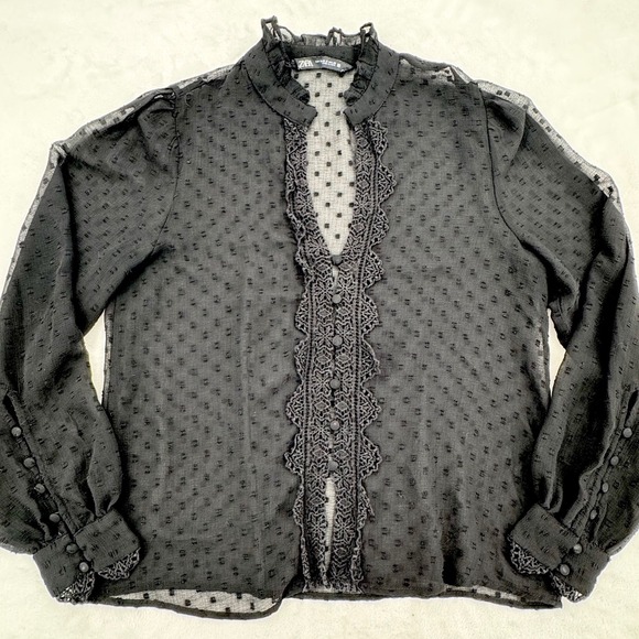 Zara Tops - Zara Women Black Sheer Dobby Dot Lace Trim Ruffle Neck Button Front Blouse Small